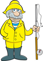 Cartoon illustration of an old sea captain holding a fishing pole.