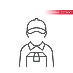 Delivery boy or man thin line vector icon. Courier with box and visor hat or cap outline icon, editable stroke.