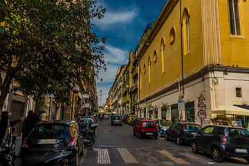A view up the Arrenaccia street that dissects the old quarter of Naples, Italy