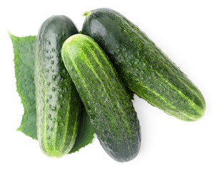 Cucumbers with green leaf on a white background, isolated. The view from top