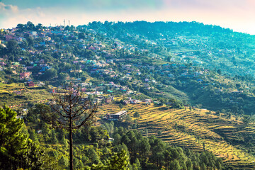 Beautiful panoramic view of Almora town at himalaya range, Uttarakhand, India.