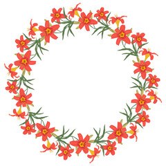 Floral round frame from lilies flowers. Orange flowers of lilies with buds and green leaves on a white background. Greeting card template. Vector illustration