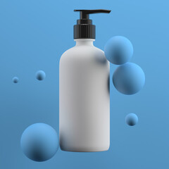 3d square render of beauty bottle among spheres. Fresh color gamma.  Smooth lighting.  Single cream bottle with cap in the center of frame.