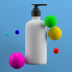 3d square render of beauty bottle among spheres. Fresh color gamma.  Smooth lighting.  Single cream bottle with cap in the center of frame.