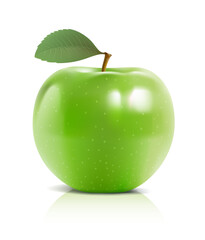 Vector illustration of ripe green apple with tiny leaf. 