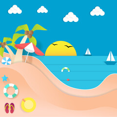 Fototapeta na wymiar Summer beach paper poster, background. For wallpaper, banner and placard. Summer beach template for flyer and leaflet design. Creative art concept. Vector illustration of summer paper background