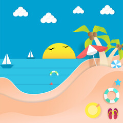 Summer beach paper poster, background. For wallpaper, banner and placard. Summer beach template for flyer and leaflet design. Creative art concept. Vector illustration of summer paper background