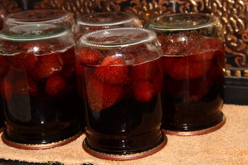 Strawberry jam jars. Preparing food for the winter.