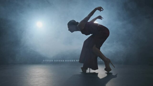 Silhouette of dancer at smoky stage. Graceful woman dancing. Elegant female dancing modern dance. 4K, UHD