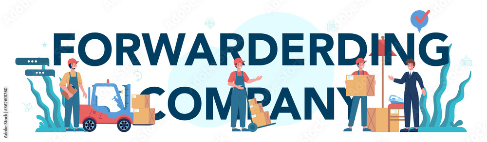 Wall mural forwarder typographic header concept. loader in uniform delivering