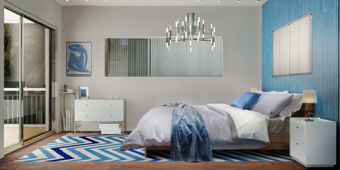 Modern bedroom interior design. cozy sleeping place. 3D render
