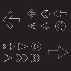 Arrow icon set isolated on black background. Trendy thin line collection of different arrow icons in flat style for web site.Creative arrows right and left template for app and ui. Vector illustration