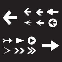 Arrow icon set isolated on black background. Trendy collection of different arrow icons in flat style. Creative arrows template for web site, mobile app, graphic design, ui and logo. Vector symbol