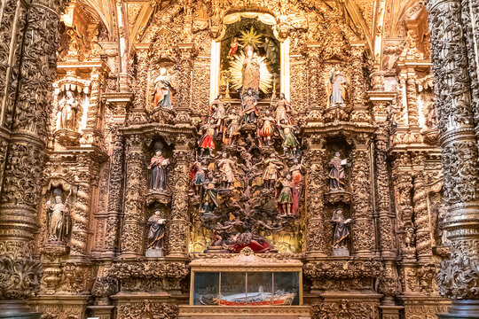 Oporto, Portugal - July 20, 2019: Interior of gothic church of Saint Francis (Igreja de Sao Francisco) with Jess&eacute; tree altarpiece, in Porto, Portugal