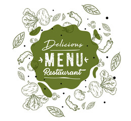 circle of different doodle vegetable hand draw simple sketch outline and softly shadow charm of vegetable design. illustration with text delicious menu restaurant