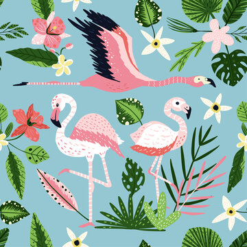 Tropical pink flamingo bird seamless summer pattern. Exotic ornate vector wallpaper with pink wild animals and jungle floral illustrations on a blue background.