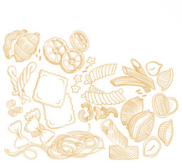 illustration background with traditional Italian pasta sketch. Vintage seamless pattern with hand drawn food illustrations text italian pasta. Cafe or restaurant menu design