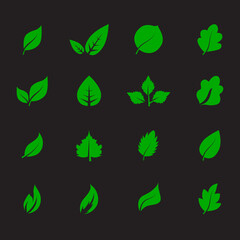 Abstract leaf icon set isolated on black background. Collection of leaf icons for symbol, logo, sign, label and app. Creative art concept. Vector illustration, flat leaves