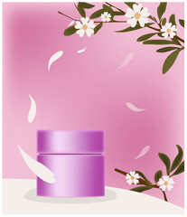 Pink cosmetic jar surrounded by petals. Place for brand. Twigs with flowers decoration