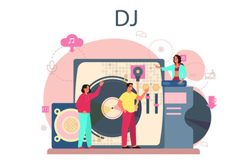 DJ concept. Person standing at turntable mixer make music in club.