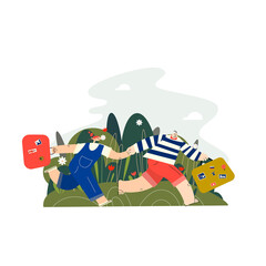 A couple running to travel with their suitcases. Vector flat illustration.