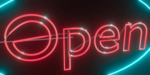 Open neon sign light. Glowing large illuminated advertisement concept.