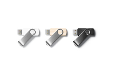 Blank black, white and wood usb stick mockup, top view