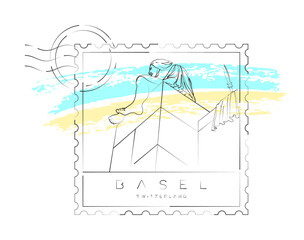 Basel stamp, urban vector illustration and typography design, the helvetia statue on the rhine river, Switzerland