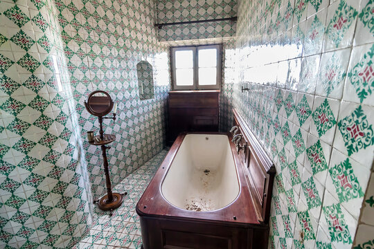 Queluz, Portugal - December 7, 2017: Bathroom inside the Romanticist Pena Palace