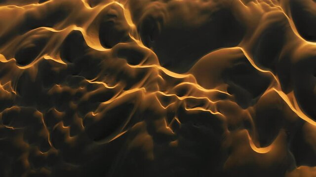 Beautiful aerial landscape. Wild desert nature at sunset. 4K drone view on the abstract wavy shape and pattern. Top down view on dark orange sand hills with golden sun light on the peaks at twilight