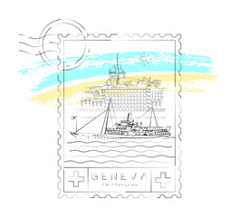 Geneva stamp vector illustration and typography design, Traditional steamboat and the city of Geneva in the background, Geneva or Genève, Switzerland