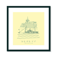 Geneva poster, vector illustration and typography design, Traditional steamboat and the city of Geneva in the background, Geneva or Genève, Switzerland