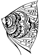 Tropical triangular fish coloring page. Black and white. Underwater world. Anti-stress coloring for adult and children. Vector illustration. EPS 8