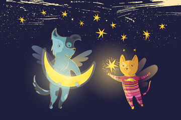 Vector children's fairy illustration with dreamy dog and cat, moon and star on a background of starry sky.