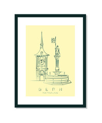 Bern, water fountain statue and clock tower poster, vector illustration and typography design, Switzerland