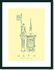Bern poster, vector illustration and typography design, Water fountain statue and clock tower, Switzerland