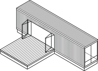 3D Line-art drawing of a house/building made out of a shipping container.