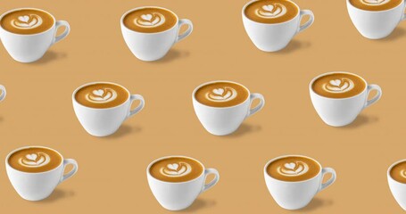 Seamless pattern with many coffee cups with rosetta latte art isolated on a cream background. animated pattern or template for summer drink menu of cafe and restaurant with copy space