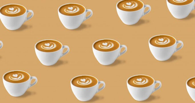 Seamless pattern with many coffee cups with rosetta latte art isolated on a cream background. animated pattern or template for summer drink menu of cafe and restaurant with copy space