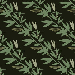 Herbal seamless pattern in dark tones. Green branches on black background.