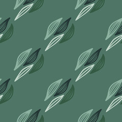 Hand drawn herbal outline leaves on green background. Seamless random pattern. Trendy scandinavian design