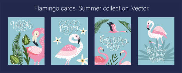 Pink flamingo bird vector card set. Tropical cute summer poster collection with hand drawn lettering quote and cartoon kid illustration. 