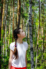 A beautiful teenage Girl with a long braid in a mixed forest looks up at the trees.