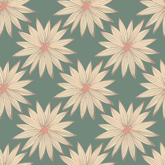 Modern print with pink daisies on grey background. Seamless illustration.