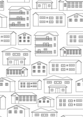 Seamless pattern with houses, balconies as background or texture, outline or linear vector stock illustration with colorless architecture as anti stress coloring book