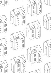 Seamless pattern with houses, cottages as background or texture, outline or linear vector stock illustration with colorless cottage village architecture as anti stress page