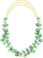 Watercolor eucalyptus gold frame on white background. Beautiful template for invite or greeting card, banner, backdrop.