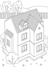 Coloring page with cottage, outline vector stock illustration with colorless architecture of a house in the village as anti-stress therapy for adults