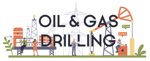 Oil and gas industry typographic header concept. Fuel factory, barrel