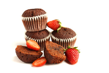 Tasty muffin cakes with strawberries and chocolate, isolated on white